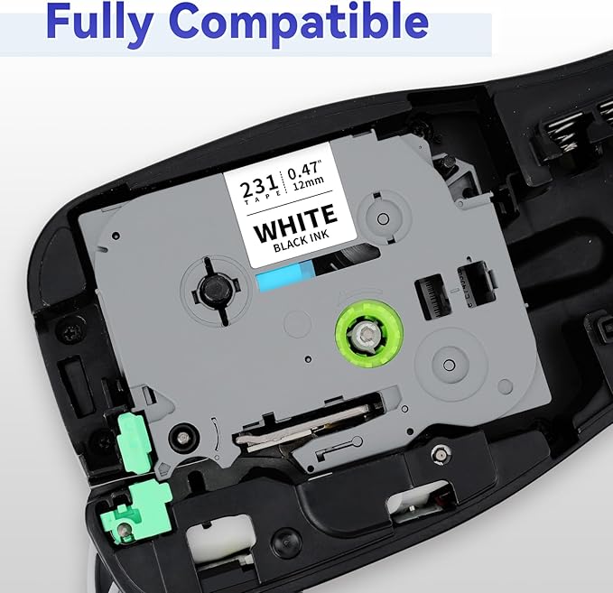 Compatible with Brother P Touch Label Tape 12mm 0.47'' Laminated White TZe231 TZ231 Label Tape 1/2 Inch Work for P Touch PTD220 PTH110 PTD400 Label Maker Refills, Black on White, 10-Pack
