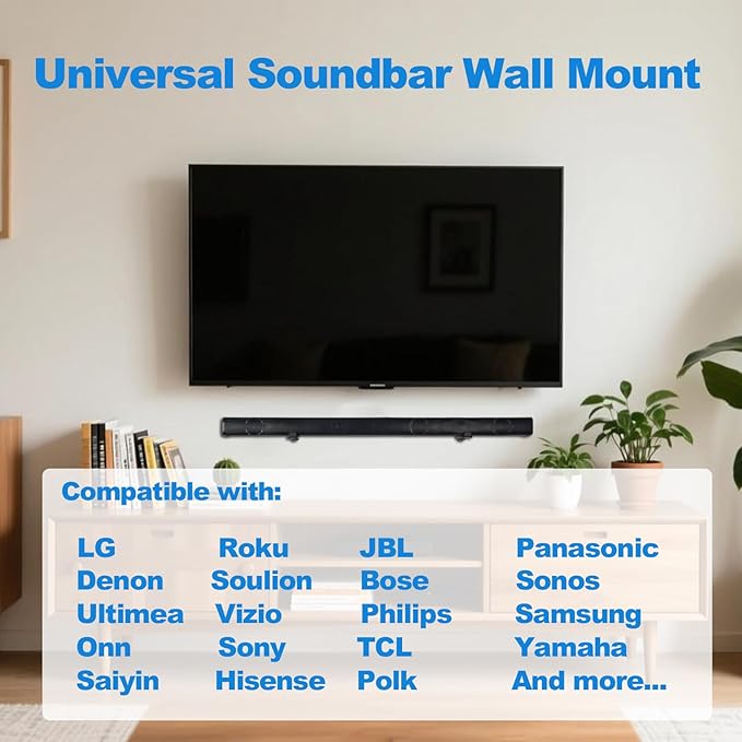 Soundbar Wall Mount,All Metal Sound Bar Mounts Under TV for Sonos,Samsung, Bose, Vizio, LG, Sony, JBL and More,Depth Adjustable 3.7”-6.3”, Hold up to 30 lbs,HD-118,2 Packs,Black