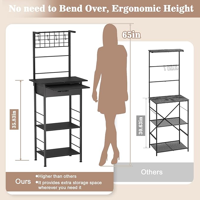Coffee Bar Station,5 Tier Coffee Stand with Organizer Storage Drawers,Kitchen Corner Bakers Rack with 4 S-Shaped Hooks & Dual Wood,Kitchen Shelf for Small Spaces, Living Room,Entryway (Black)