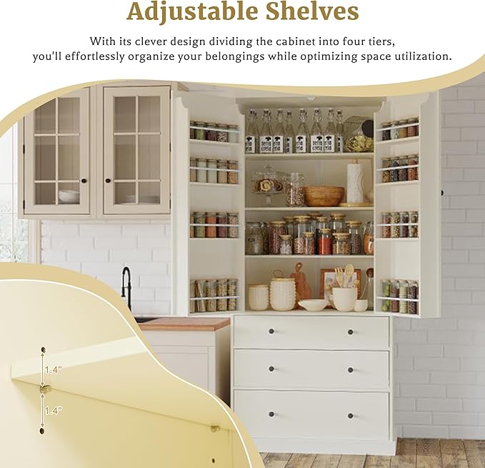 Merax 77" Tall Kitchen Storage Cabinet Pantry Freestanding Large Cupboard with 3 Drawers,3 Adjustable Shelves,8 Door-Shelf for Dining Room,Cream