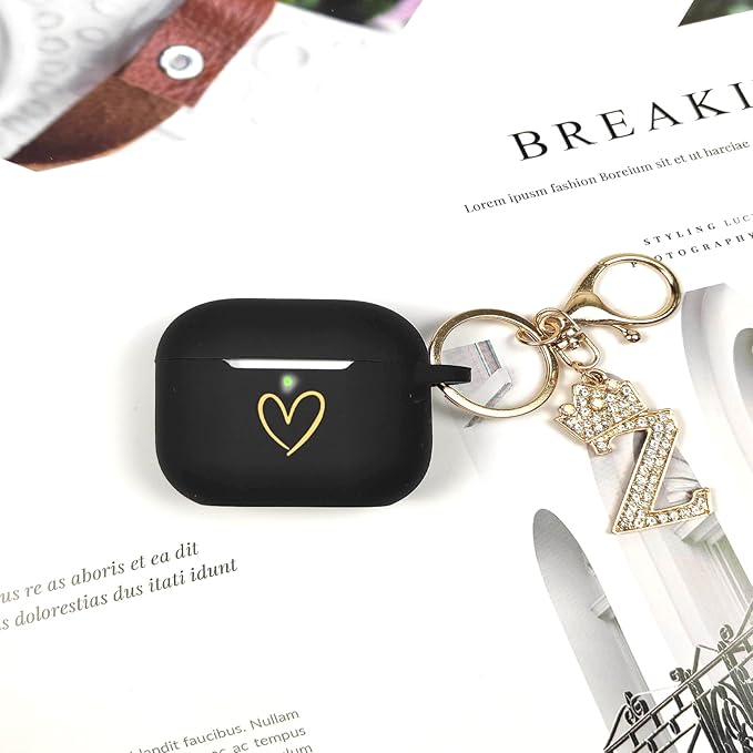 Compatible with AirPods Pro 3 Case Cover (2025), Soft Silicone Case with Gold Heart Pattern for AirPods Pro 3rd Generation Case with Rhinestone Studded Letter A-Z Keychain (Z Black)