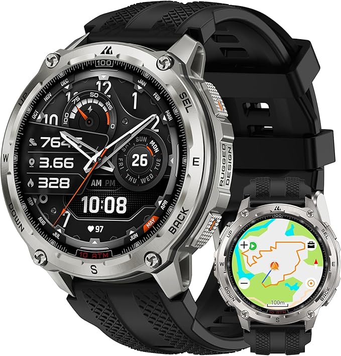 KOSPET Tank T4 GPS Smart Watch, Full Stainless Steel Body, Global Offline Maps & 6 Satellite Positioning, 100M Waterproof 45m Freediving, 1.43" AMOLED Display Outdoor Rugged Smartwatch for Men