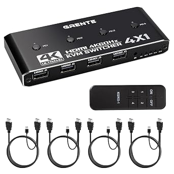 4 Port KVM Switch HDMI 1 Monitors 4 Computers - 4K@60Hz KVM Switcher with USB 2.0, 1 Keyboard 4 Computers Switch Box for Desktop, Mini PC, Laptop, Linux - with 4 HDMI Cables & USB Cables