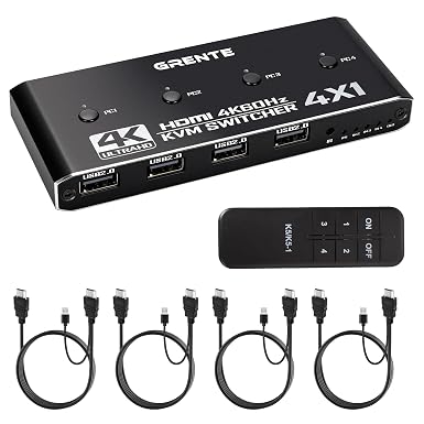 4 Port KVM Switch HDMI 1 Monitors 4 Computers - 4K@60Hz KVM Switcher with USB 2.0, 1 Keyboard 4 Computers Switch Box for Desktop, Mini PC, Laptop, Linux - with 4 HDMI Cables & USB Cables