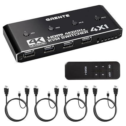 4 Port KVM Switch HDMI 1 Monitors 4 Computers - 4K@60Hz KVM Switcher with USB 2.0, 1 Keyboard 4 Computers Switch Box for Desktop, Mini PC, Laptop, Linux - with 4 HDMI Cables & USB Cables