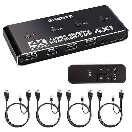 4 Port KVM Switch HDMI 1 Monitors 4 Computers - 4K@60Hz KVM Switcher with USB 2.0, 1 Keyboard 4 Computers Switch Box for Desktop, Mini PC, Laptop, Linux - with 4 HDMI Cables & USB Cables
