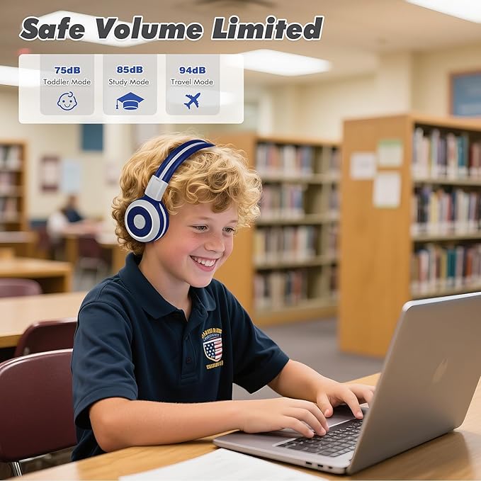 SIMOLIO Kids Headphones Bluetooth for Boys, Built-in Microphone and Share Port, Safe 75dB,85dB,94dB Volume Limited, Foldable and Adjustable, Wireless/Wired Headphones for Kids School Travel Grey