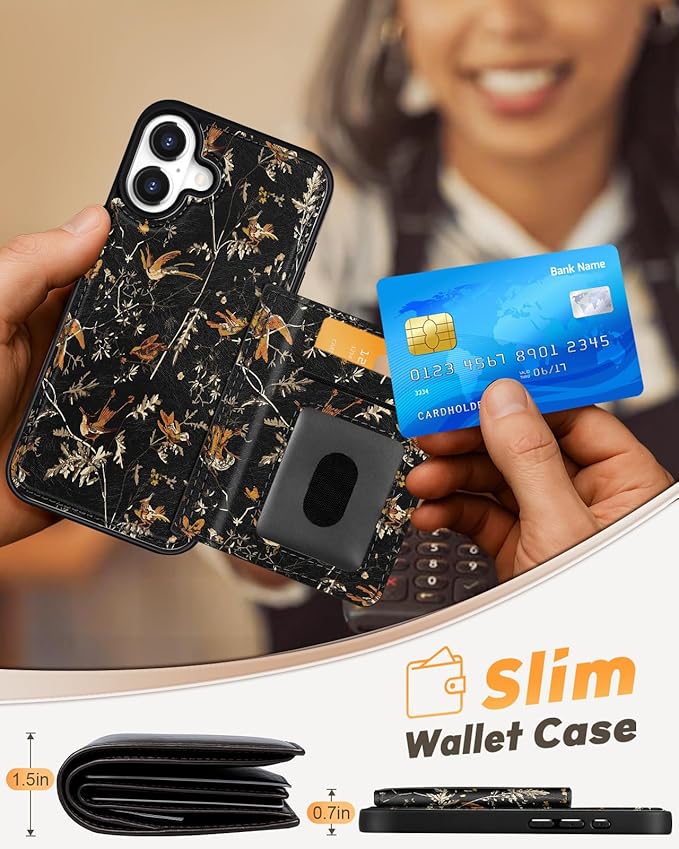 for iPhone 16 Wallet Case - Fits 4 Card Slots, Compatible with MagSafe for Women Aesthetic Durable PU Leather Credit Card Holder Kickstand Phone Cover for Apple 16, Yellow Bird