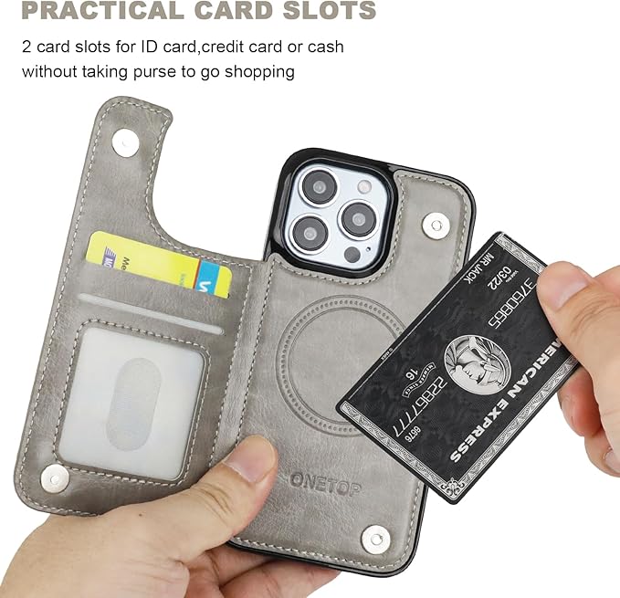 ONETOP Compatible with Magsafe for iPhone 13 Pro Wallet Case with Card Holder, PU Leather Kickstand RFID Blocking Case, Double Magnetic Clasp and Durable Shockproof Cover 6.1 Inch (Grey)