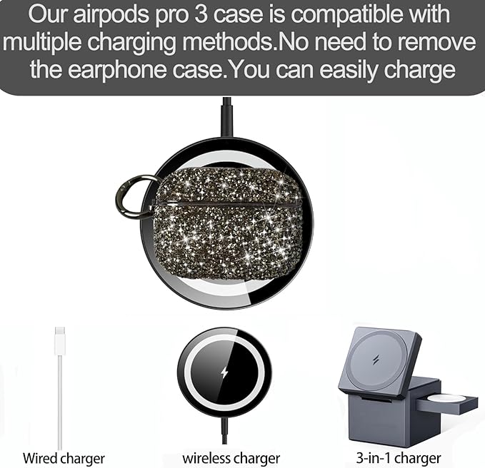 for Glitter AirPods Pro 3 Case 2025| Cute Bling Hard Air Pods Pro 3 Case (Model A2700/A2931) | with Keychain | Sparkly Rhinestone iPods Pro 3 Cases for Women Girl(Black)
