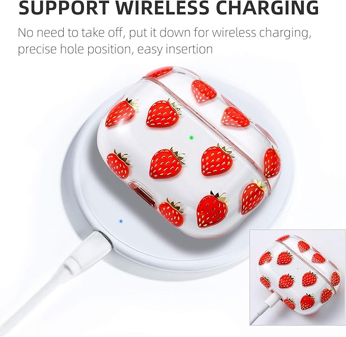 Compatible with Apple Airpods Pro Case for Women, Clear with Designs Patterns Hard PC Shockproof [Front LED Visible ] Anti-Fall Full Protector, Strawberry