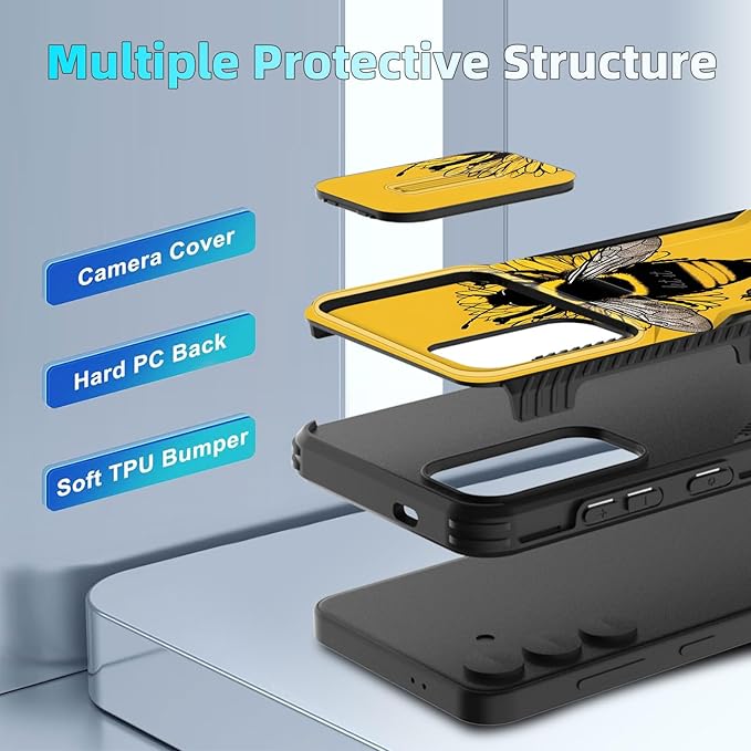 for Galaxy S25 FE Case Built in Slide Camera Lens Cover,Heavy Duty Shockproof Protection Dual Layer Case for Samsung Galaxy S25 FE 6.7" 2025,Honeybee Flower