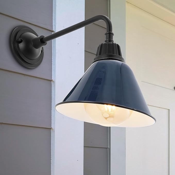 JONATHAN Y JYL7612C Croydon 9.63" 1-Light Farmhouse Industrial Indoor/Outdoor Iron LED Gooseneck Arm Outdoor Sconce Metal Bell Shade Vintage Cottage Rustic Porch Patio Yard Barn, Navy