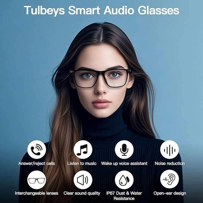 Smart Glasses for Men Women, Bluetooth Audio Glasses with Open Ear Design, Wireless Headphones, Hands-Free Calling, Voice Assistant Support, IP67 Waterproof, 6H Playtime for Working Relaxing