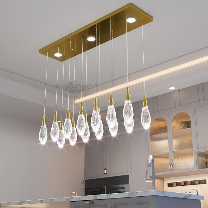 14-Lights Modern Rectangular Chandelier LED Gold Pendant Light Fixture Raindrop Ceiling Chandeliers for Living Room Staircase Foyer