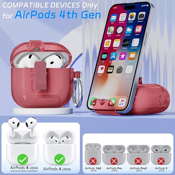for AirPods 4 Case with Phone Stand & Safety Lock, Auto-Open Clear AirPod Case Compatible with Apple AirPods 4th Gen 2024, Anti-Scratch & Shockproof Protective Cover with Cleaning Kit & Keychain