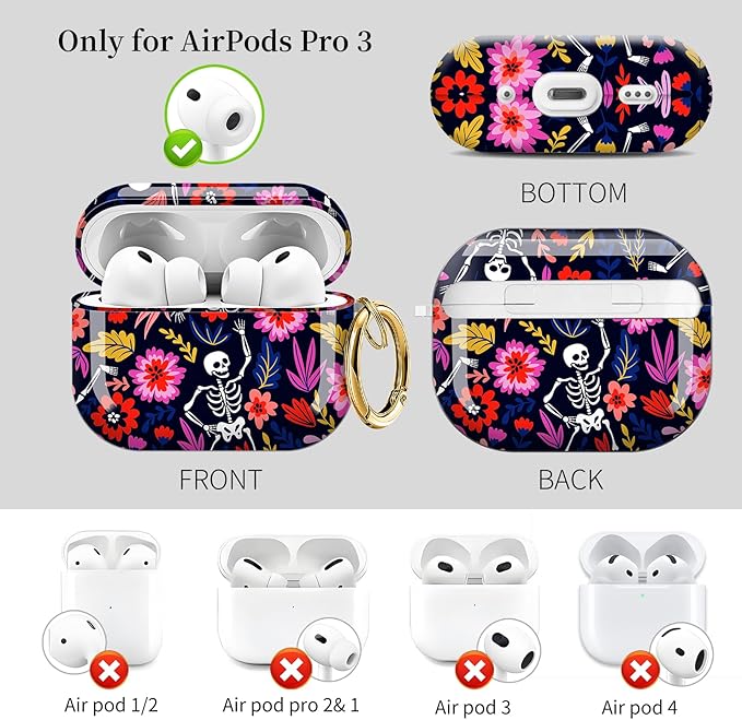 for AirPods Pro 3 Case, Compatible with AirPods Pro 3rd Generation Case (2025), Shockproof Protective Cover with Golden Carabine (Boho Skeleton Flora)