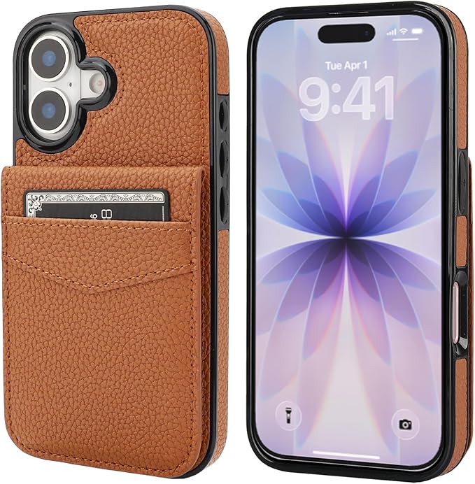 KIHUWEY Compatible with iPhone 17 Case Wallet with Credit Card Holder, Flip Premium Leather Magnetic Clasp Kickstand Heavy Duty Protective Cover for iPhone 17 6.3 Inch (Lichee Light Brown)