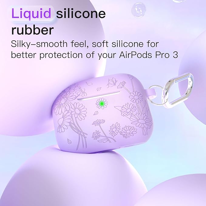 for AirPods Pro 3 Case (2025) DamonLight Daisy Floral Engraved Shockproof Protective Soft Silicone Case Cover with Cleaning Pen and Keychain for Apple Airpods Pro 3rd Generation (Purple)