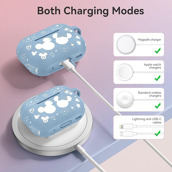Compatible with Airpods Pro 2nd/1st Generation Case Cover with Keychain, Women Men Soft Silicone Two-Tone Cute Cartoon Engraved Convenience Protective Case, Front LED Visible Blue/White