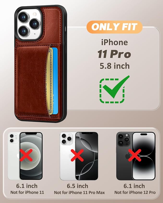 for iPhone 11 Pro Case with Wallet - Fits 4 Card Slots, Compatible with MagSafe for Women Men Durable PU Leather Credit Card Holder Kickstand Phone Cover for Apple 11 Pro, Brown