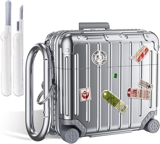 Filoto Compatible with Airpods 4 Case, Cute Fashion Suitcase Design for Airpods 4th Generation Case Cover, Shockproof Protective Hard Case with Keychain/Cleaner Kit (Silver, Airpods 4 Case)