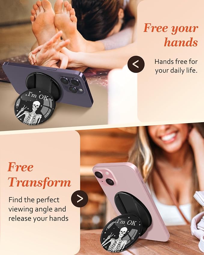 Kidcube Magnetic Phone Grip Compatible with Magsafe - Cell Phone Grip Stand Ring Holder Magnet Kickstand Removable Accessories for iPhone 16 Pro Max/16/15/14/13/12 Series Women Cute Funny Skull