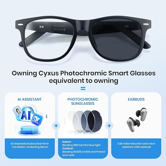 Cyxus AI Smart Photochromic Glasses, Meeting Transcription & Summaries 144 Language Translator 11h Playtime Voice Control HD Calls Business Travel AI8284