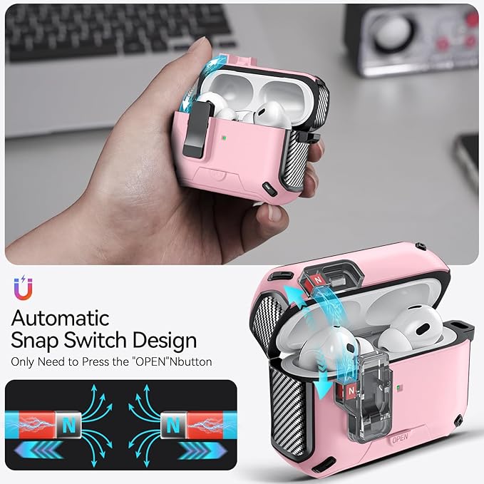 for AirPods Pro 2nd/1st Case (2023/2022/2019) with Phone Stand,（with Automatic Snap Switch） Carbon Fiber Design Protection Cover with Cleaning Pen,Pink