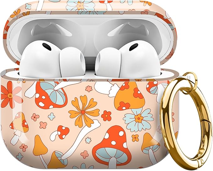 AirPod Pro 3 (2025) Case Cover for Women, Cute Shockproof TPU Protective Case with Gold Round Buckle, Anti-Drop Design Cute Mushroom Flower