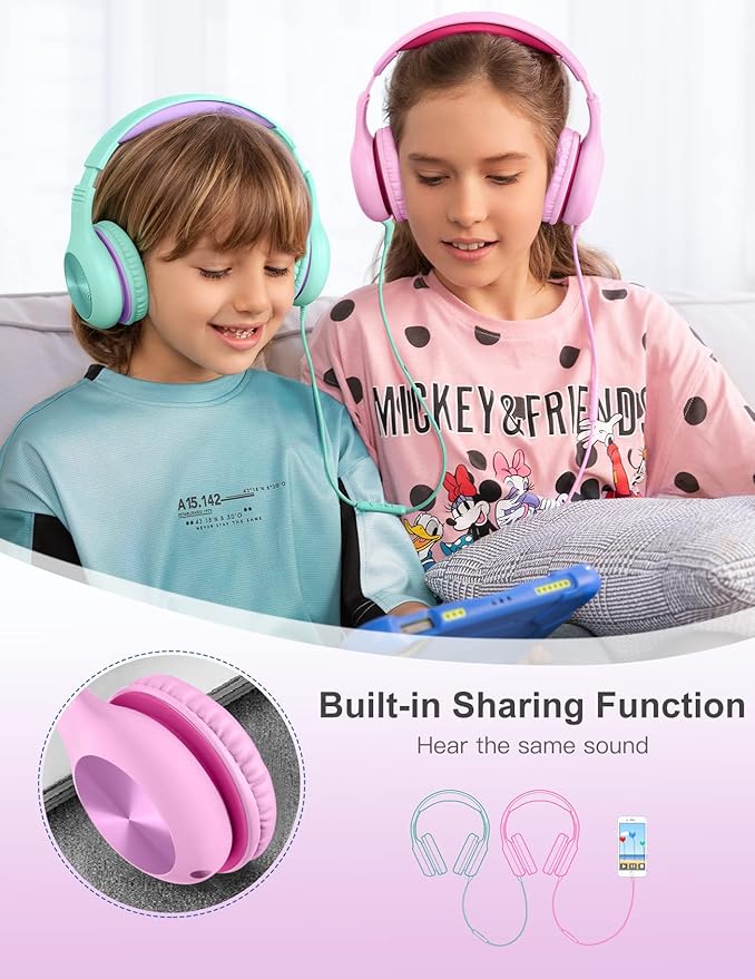 Kids Headphones with Microphone, Over-Ear Headphones for Kids with Sharing Function, 85dB/94dB Safe Volume Limit, Wired Headphone for Children, Kid Headset for School, Study, Travel, Pink