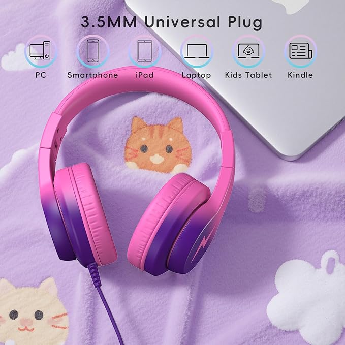 Kids Headphones, Wired Headphones for Kids Over Ear with Microphone, 85/94dB Volume Limiter Headphone for Girls Boys, Foldable Headphone for Learning, Deep Purple and Pink