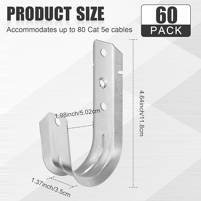 Blulu 60 Pcs 2" Cable Support J Hooks Heavy Duty Galvanized Steel Wire Management Cable J Hooks Hangers for Attaching to Vertical Surfaces Wall Mounting, Silver