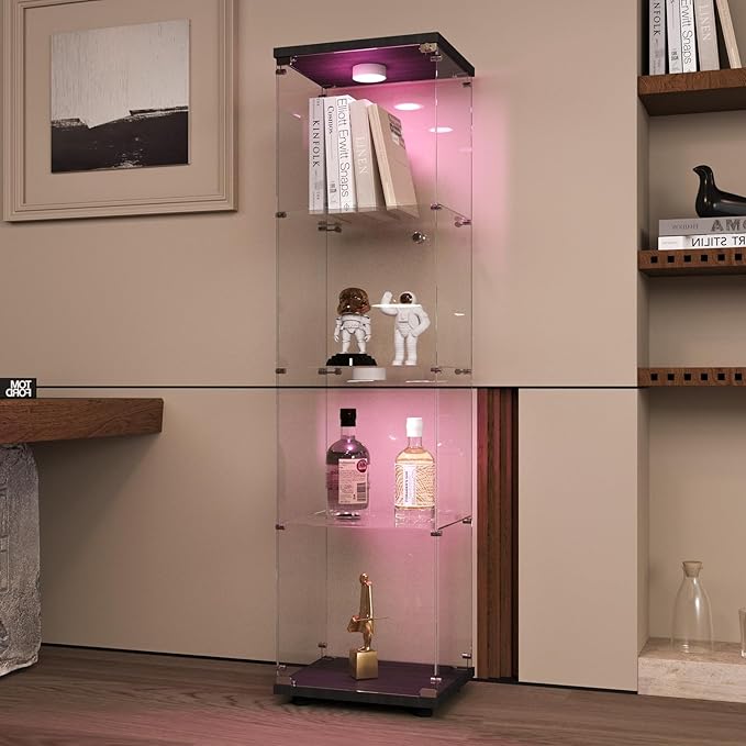 LFT HUIMEI2Y Glass Display Cabinet with LED Lights and Lock, 4-Shelf Curio Cabinets with Door, Tempered Glass Collection Display Showcase for Bedroom, Living Room 65”x 17”x 14.5” Black