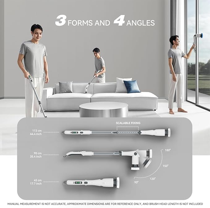 7.4V Electric Spin Scrubber Handheld Cordless Cleaning Brush Electric Cleaning Brush Kit with 7 Brush Heads, Adjustable Handle, 3 Speeds, Ideal for Home Kitchen Bathroom Wall Floor(White)