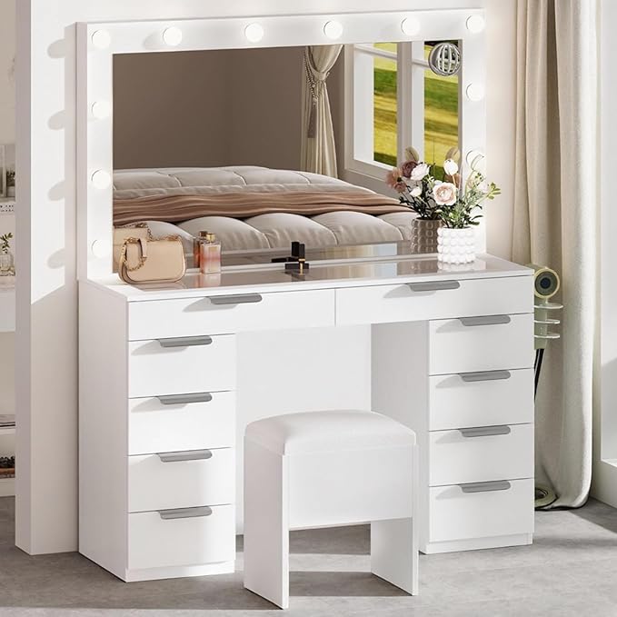 YITAHOME 46" Glass Top Vanity Desk with LED Mirror, 11 LED Bulbs, 3 Adjustable Lighting Modes, 10-Drawer Makeup Vanity with PU Storage Stool, Dressing Table Built-in USB & AC Outlets