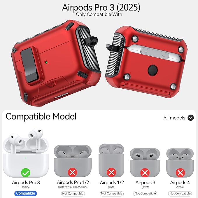 for AirPods Pro 3 Case (2025) with Phone Stand,（with Automatic Snap Switch） Carbon Fiber Design Protection Cover with Cleaning Pen,Red