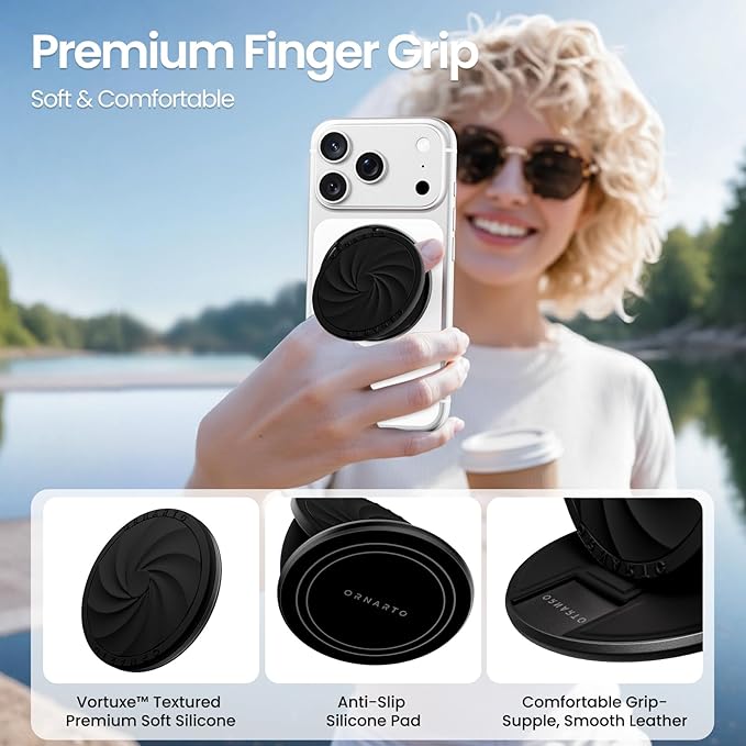ORNARTO Vortuxe for MagSafe Phone Grip with Kickstand, Soft Liquid Silicone Finger Loop Grip, Phone Ring Holder for Back of Phone, Premium Build & Comfy Touch, Black