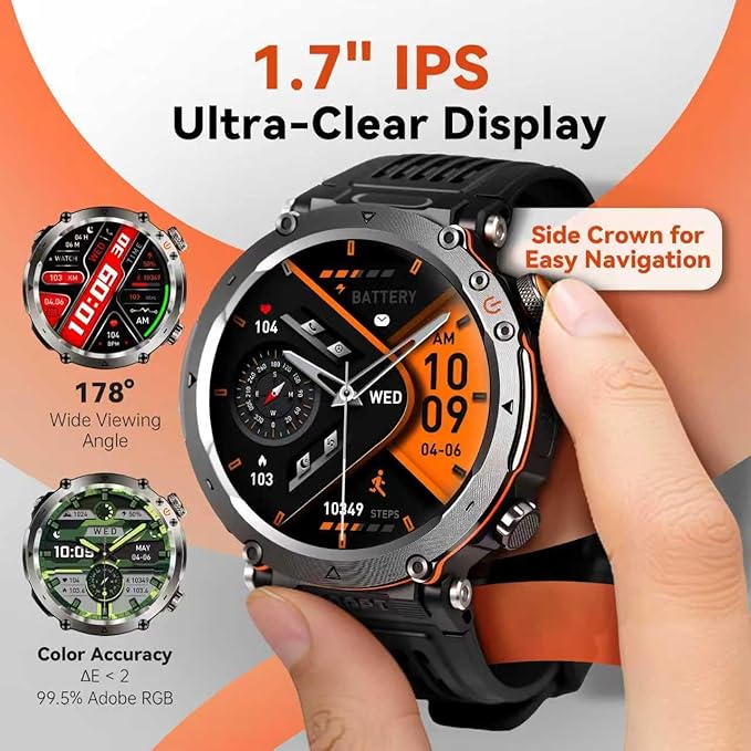 Military Smart Watches for Men, 1.7" Hd Fitness Tracker Ith Multiple Sports Modes, 600mah Battery for Android iOS, Ip68 Waterproof/Spo2 Monitor/Flashlight/Message Alerts