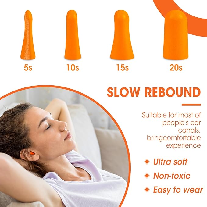 AZEN 200 Pairs Ear Plugs, NRR 32dB Soft Foam Ear Plugs for Sleeping Noise Cancelling, Earplugs for Concerts Shooting Swimming Noise Reduction,Individually Wrapped (Orange)