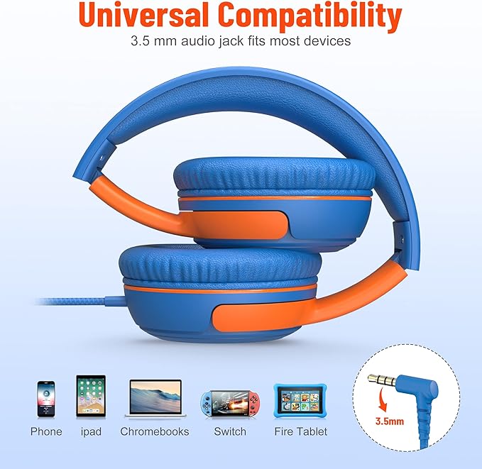 rockpapa Share 1 Kids Headphones Wired with Microphone & Share Port, 85dB/94dB Volume Limited, Cute Foldable Student Child Boys Girls Headphones for School/Classroom/Travel Blue/Orange