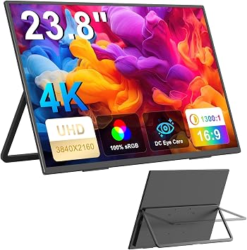23.8” Portable Monitor, CNC Metal Frame,UHD (3840*2160) IPS Speakers,4K Portable monitor,Work Home Second Monitor Stand for Laptop, Desktop,Smartphone,Macbook,Smartphone, Tablet,PS5/4,Switch