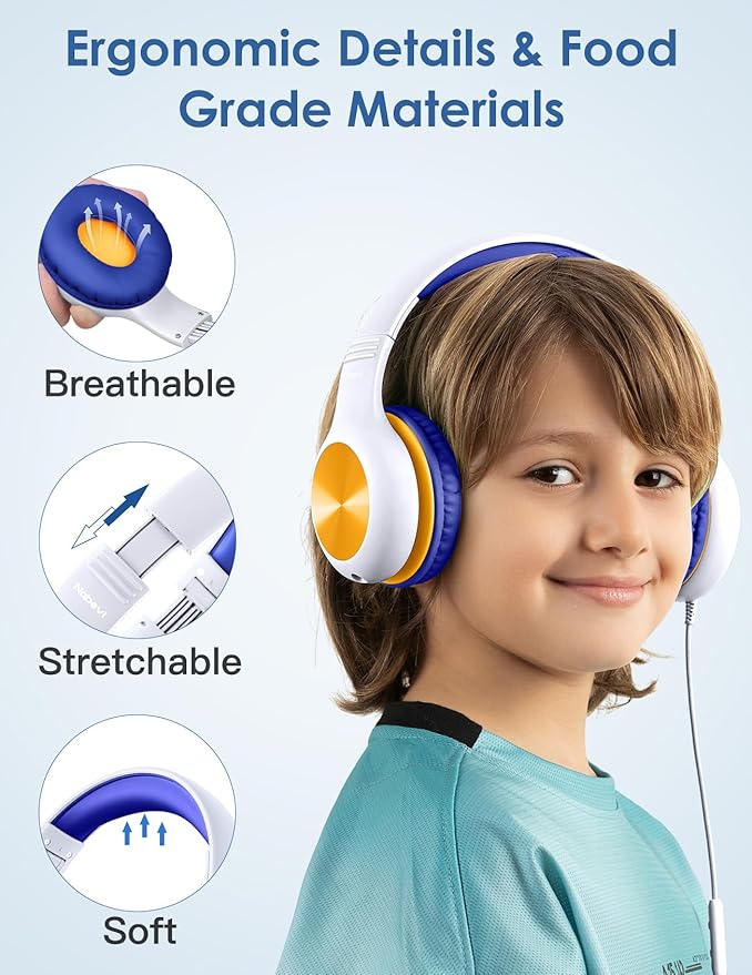 Kids Headphones with MIC, Over-Ear Headphones for Kids with Cord, HD Sound, Safe Volume Limit, Sharing Function, Kid Headset for Boys Girls, Toddler Headphone for School, Tablet, White Orange