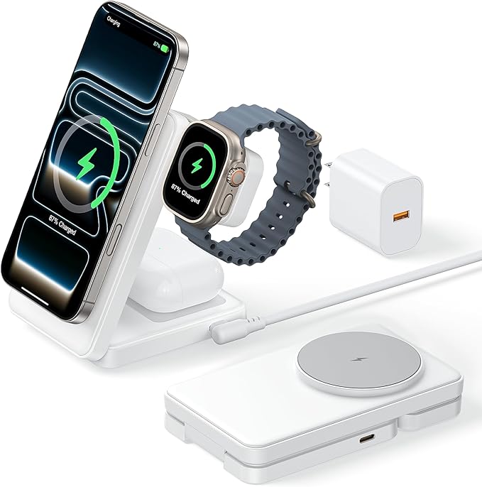 3 in 1 Magnetic Charging Station, 15W Fast Wireless Charger Compatible with MagSafe Charger Stand for iPhone 17 16 15 14 13 12, Apple Watch Charger & AirPods, Foldable Travel Charging Dock, White