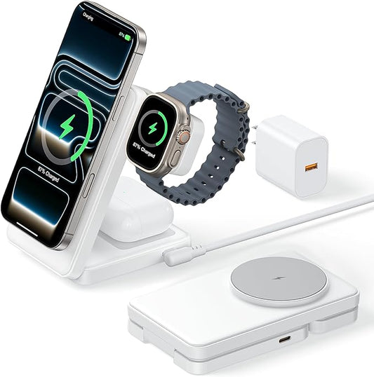 3 in 1 Magnetic Charging Station, 15W Fast Wireless Charger Compatible with MagSafe Charger Stand for iPhone 17 16 15 14 13 12, Apple Watch Charger & AirPods, Foldable Travel Charging Dock, White