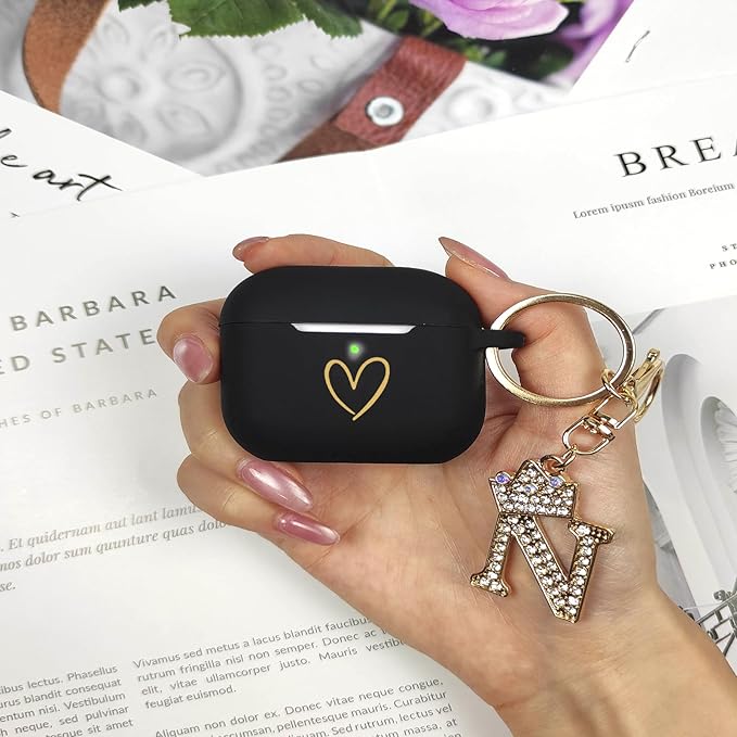 Compatible with AirPods Pro 3 Case Cover (2025), Soft Silicone Case with Gold Heart Pattern for AirPods Pro 3rd Generation Case with Rhinestone Studded Letter A-Z Keychain (N Black)