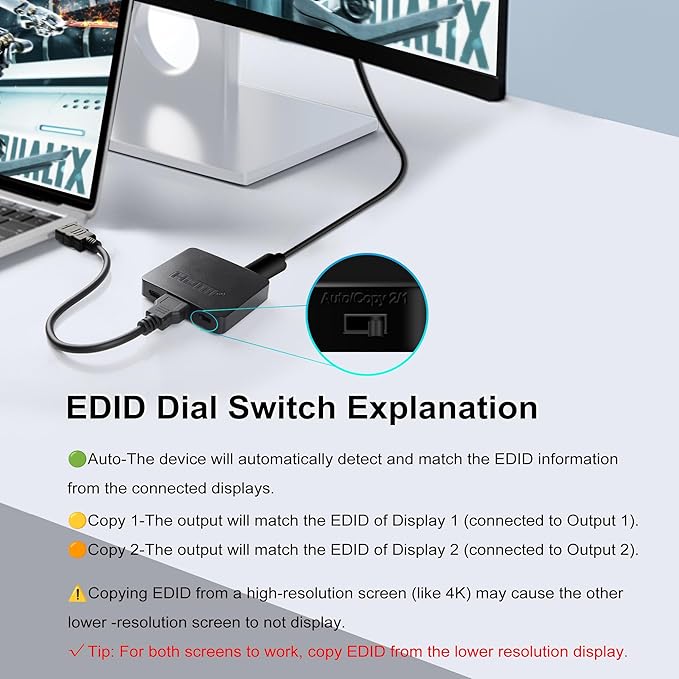 NEWCARE 4K HDMI Splitter 1 in 2 Out, HDMI Cable Splitter for TV Only Mirror (Not Extend),HDMI Splitters 1 Male to 2 Female Adapter with EDID Dial, Support 2 TVs Sync Display, HD 3D for LED/LCD Monitor
