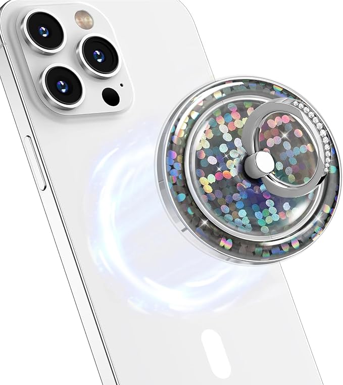 Transparent Magnetic Phone Grip Compatible with MagSafe Phone Ring Holder,360°Adjustable & Removable Silver Purple Dot Diamond Laser Design Magnet Stand for Phones and Tablets