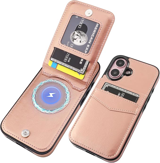 KIHUWEY for iPhone 16 Case Wallet Compatible with MagSafe Wireless Charging, Credit Card Holder, RFID Flip Leather Magnetic Clasp Kickstand Heavy Duty Protective Cover 6.1 Inch (Rose Gold)