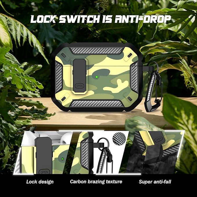 RFUNGUANGO for AirPods Pro 2 Case, Compatible with Airpods Pro Case 2nd / 1st Generation, Compatible with MagSafe, with Cleaning Kit and Keychain, Visible LED, Jungle Camouflage